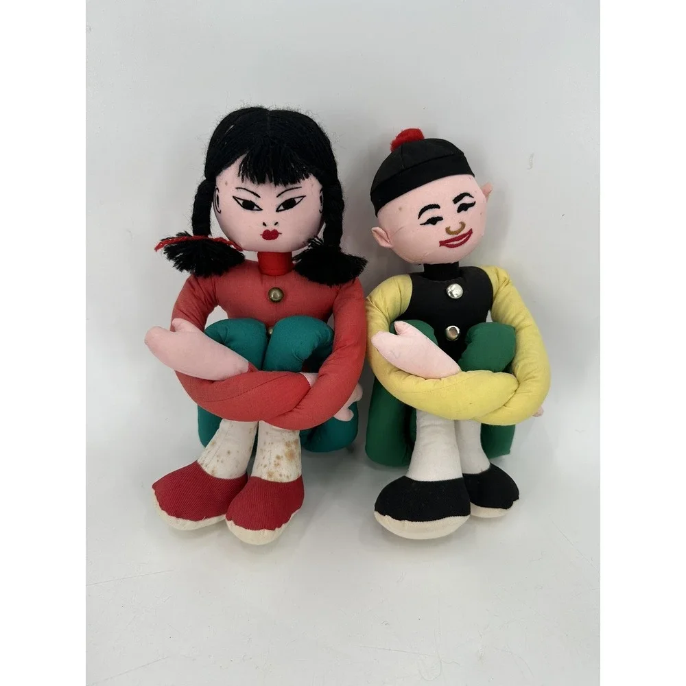 VTG Pair of Sitter Kneeler Dolls Chinese Hong Kong Cloth Girl And Boy Long Limbs
